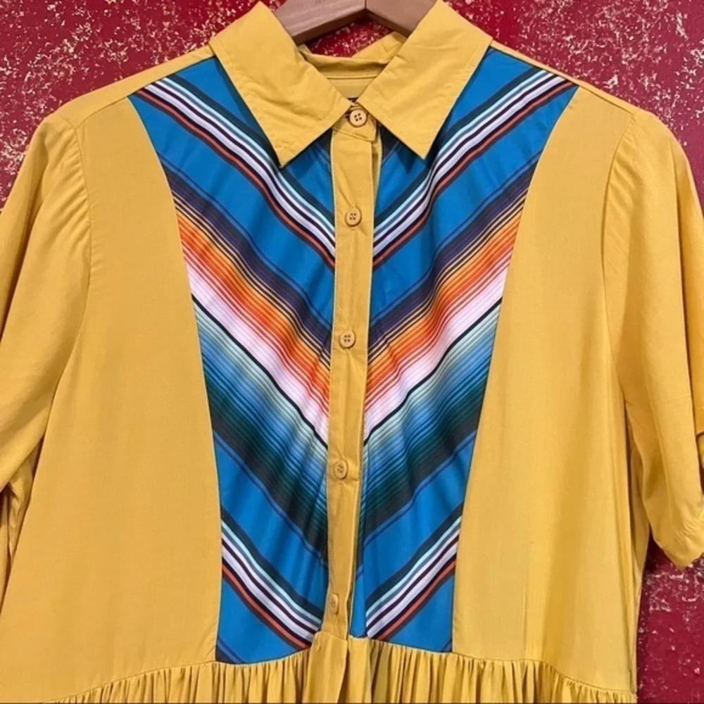 LUCKY & Blessed L&B Mustard Yellow Long Open Shirt Dress Cardigan Duster S - Picture 8 of 11